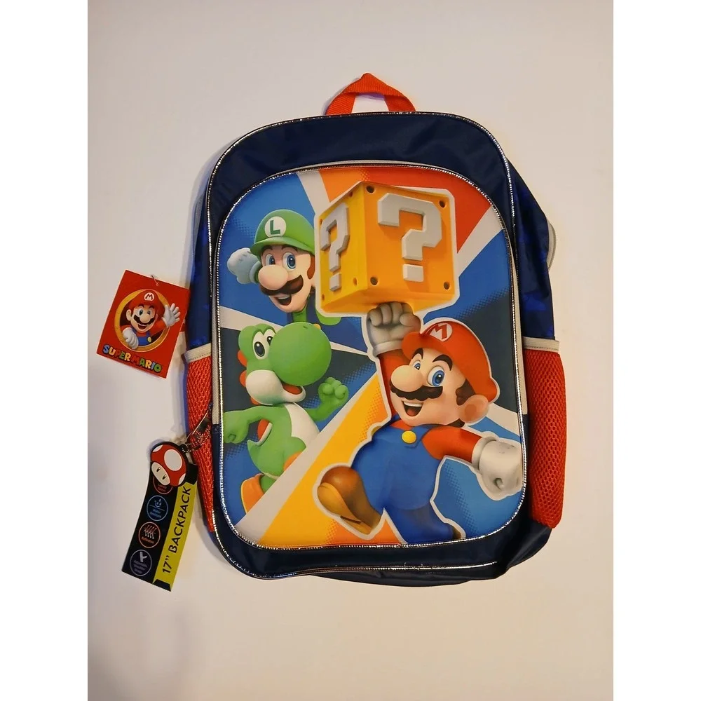 Nintendo Super Mario Bros 17in Graphic Backpack Kids Mario Luigi Yoshi Blue NWT
